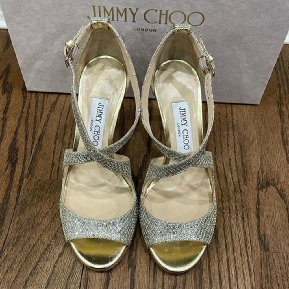 Jimmy Choo Gold Emily 85 Glittered Woven Sandals 36